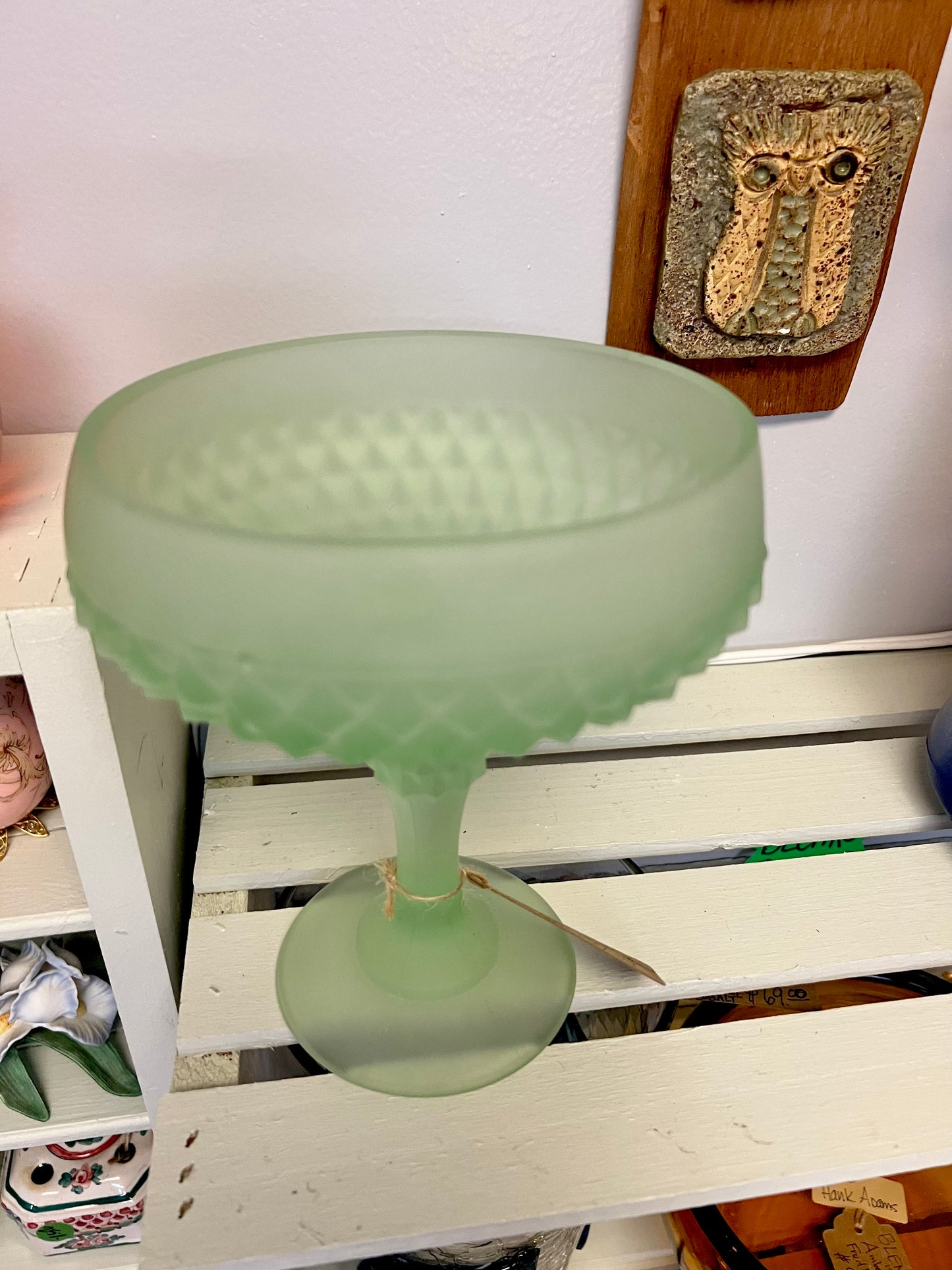 Vintage Indiana Glass Co. Frosted / Satin Diamond Point Stemmed Compote