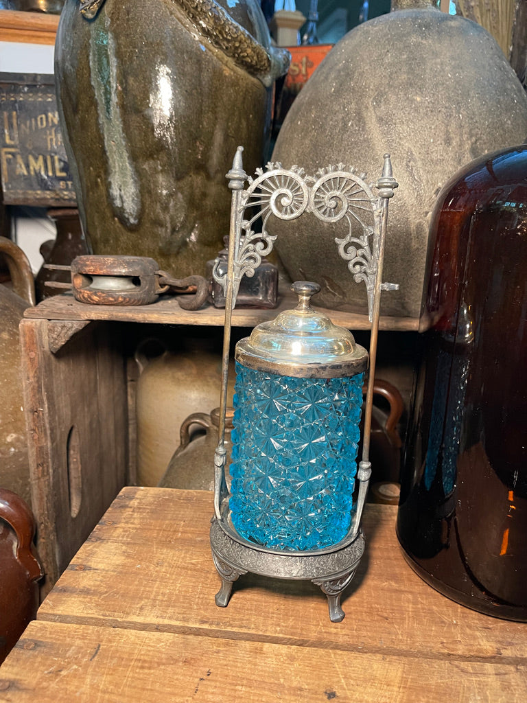 Antique Victorian Blue Daisy and Button Pattern Pickle Castor