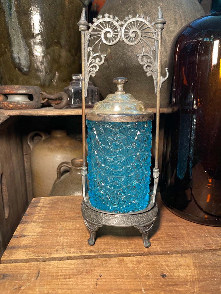 Antique Victorian Blue Daisy and Button Pattern Pickle Castor