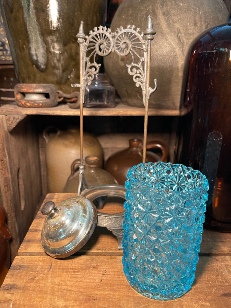 Antique Victorian Blue Daisy and Button Pattern Pickle Castor
