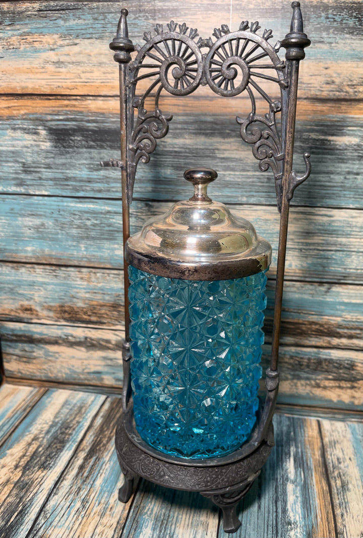 Antique Victorian Blue Daisy and Button Pattern Pickle Castor