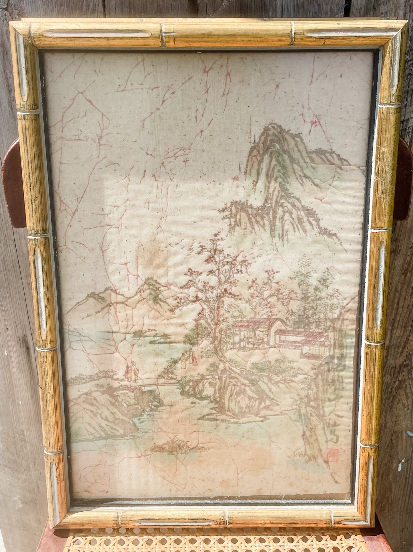 Set of 4 Vintage Chinese Watercolors on Silk - Framed in Bamboo