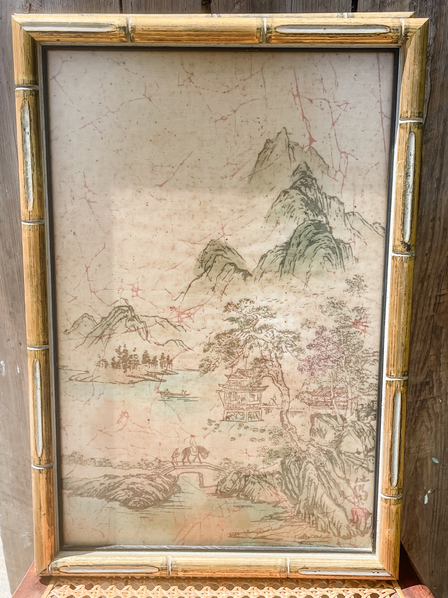 Set of 4 Vintage Chinese Watercolors on Silk - Framed in Bamboo
