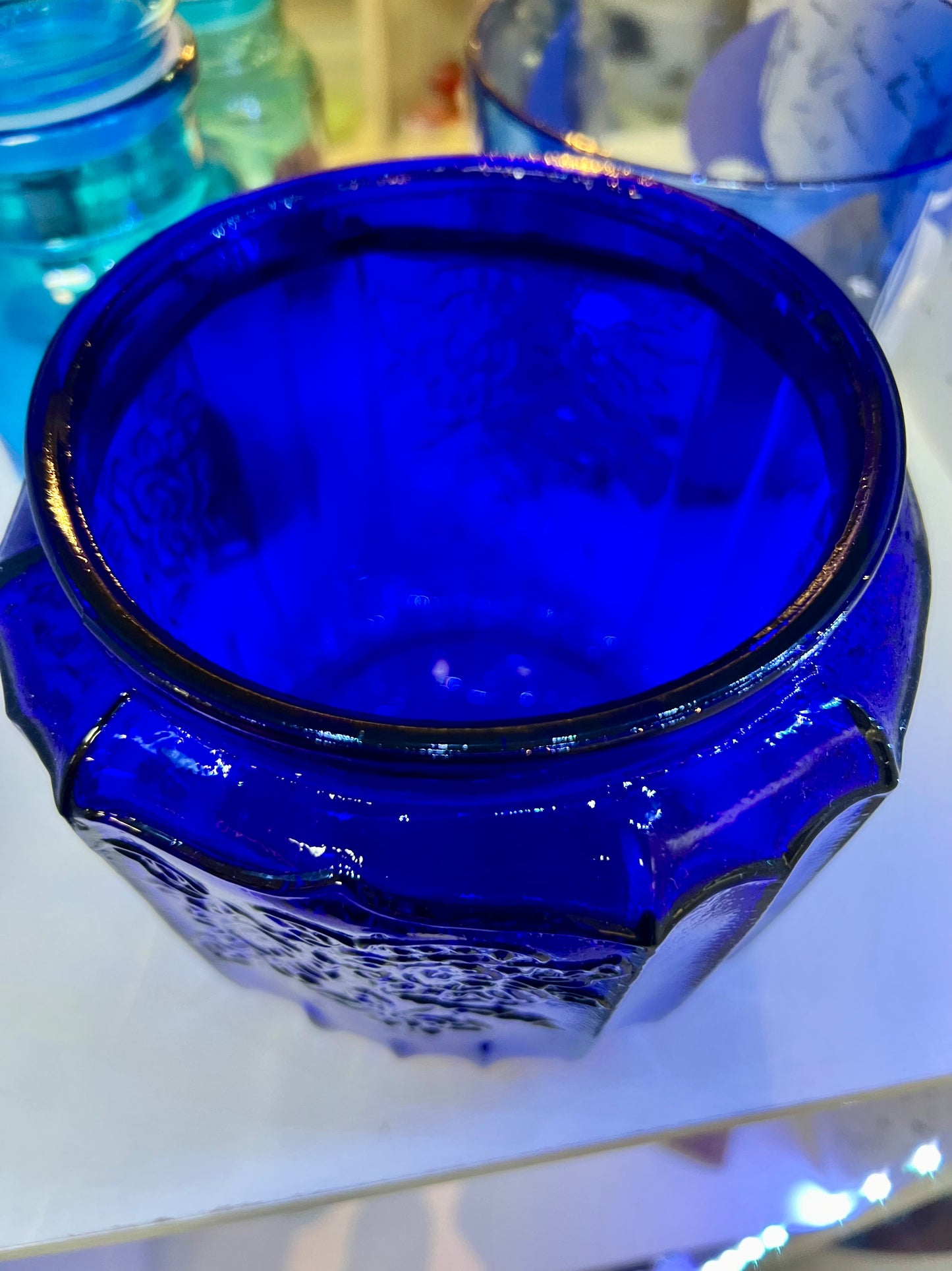 Carnival Glass Mayfair Vintage Cobalt Biscuit Jar with Lid