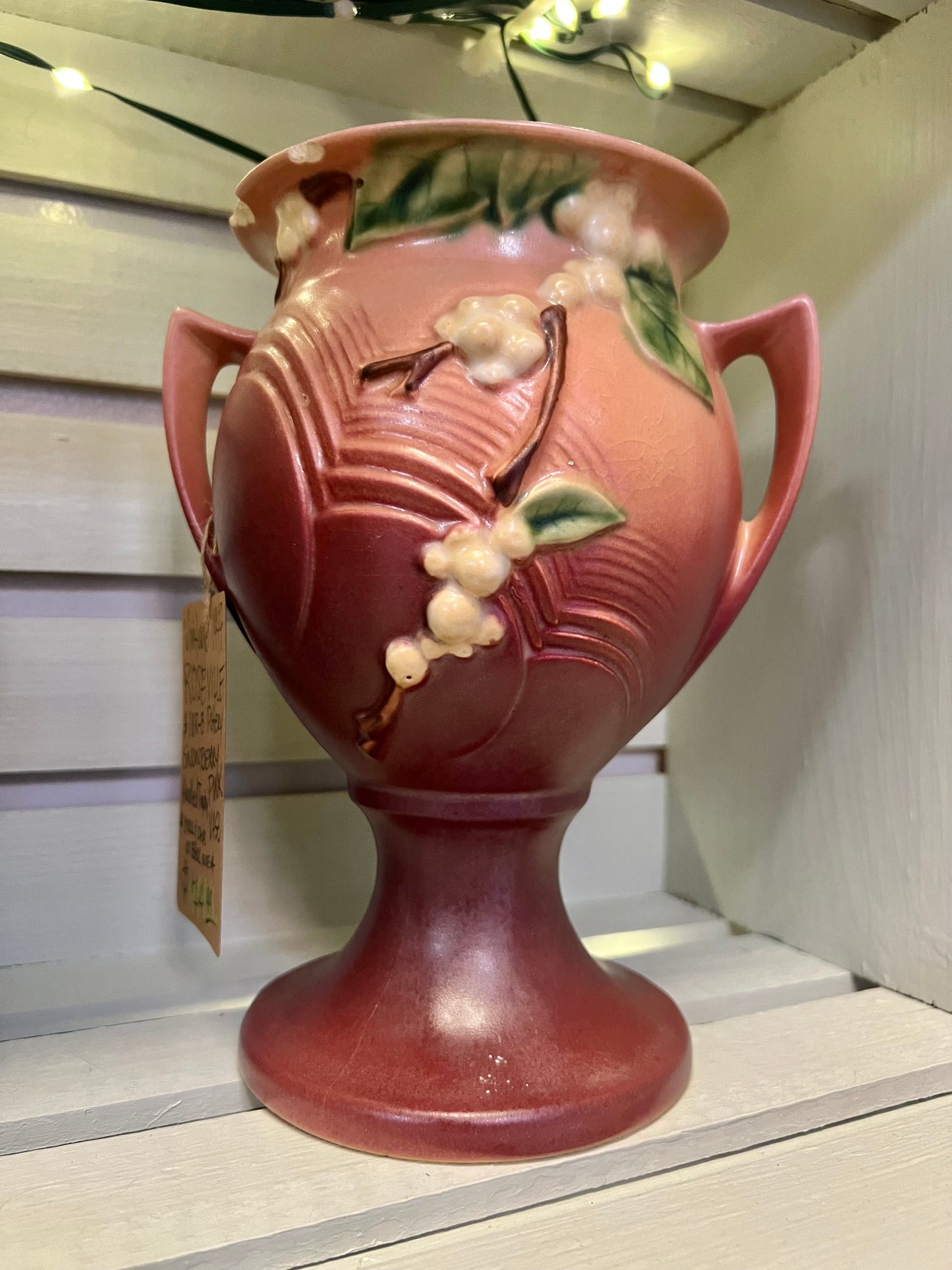 Vintage 1947 Roseville Pottery | Snowberry Pink Handled Vase