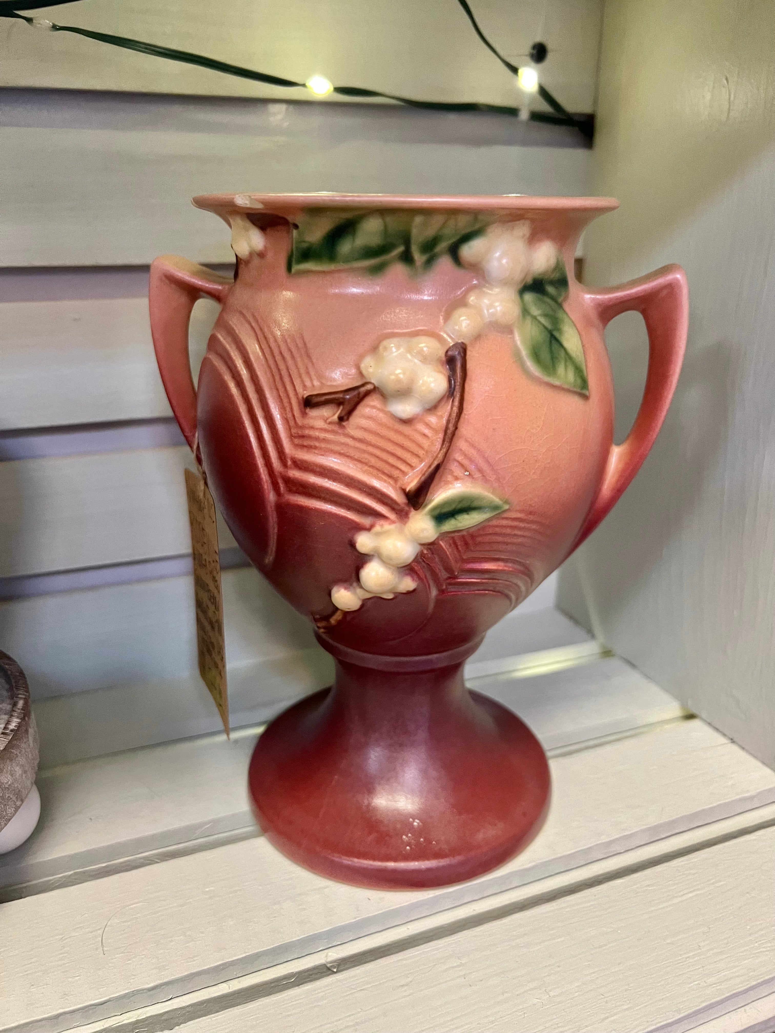 Roseville Pottery Snowberry hot Pink Double Handled Vase 1V2-7