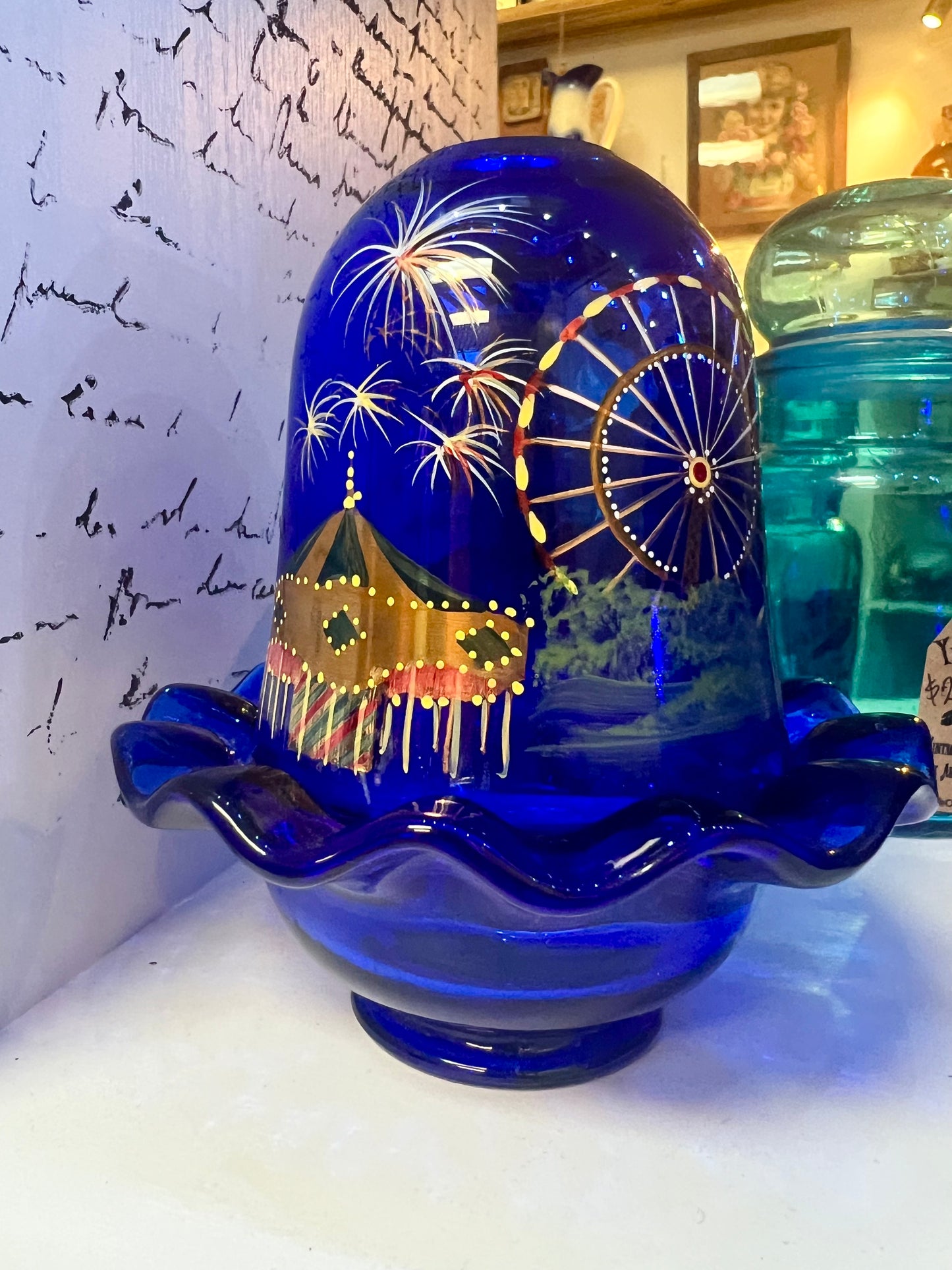 Fenton American Gallery Cobalt Blue Fairy Lamp with a Ferris Wheel