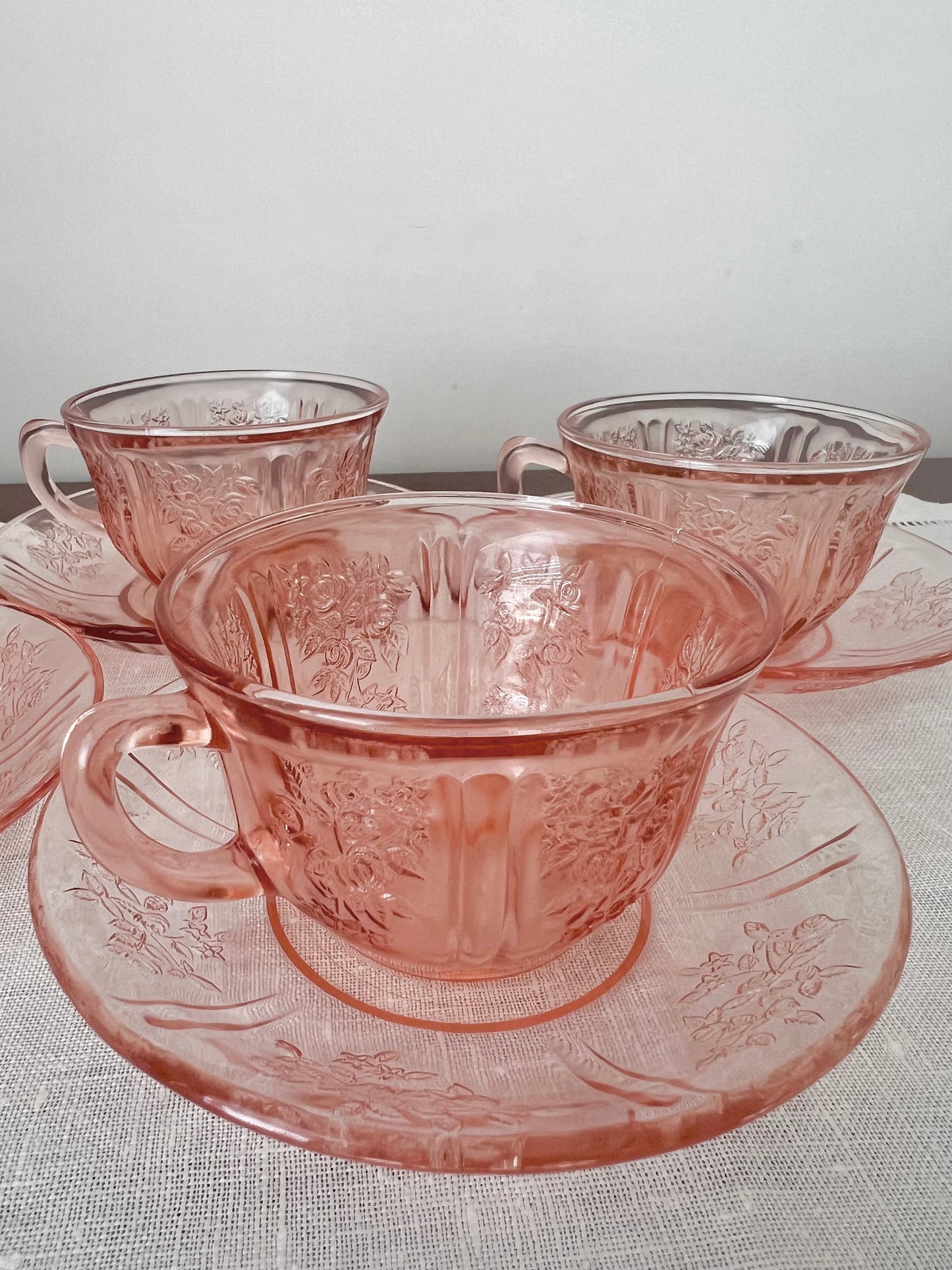 Federal Glass Co. Sharon Cabbage Rose Pink Tea Cups & Saucer Bowl Pairings