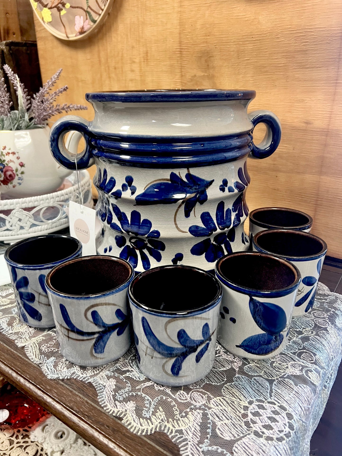 Vintage W. Germany Blue Stoneware Salt Glazed Bev./Wine Bucket & Mug Set