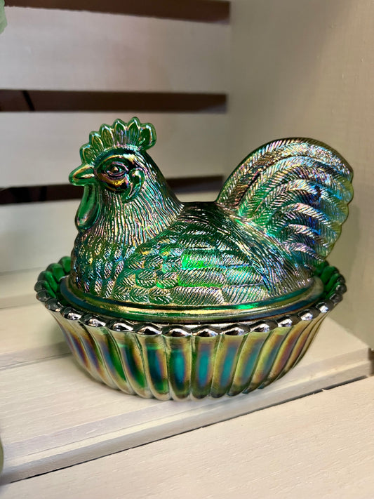 Rooster on Nest | Carnival Glass Depression Style