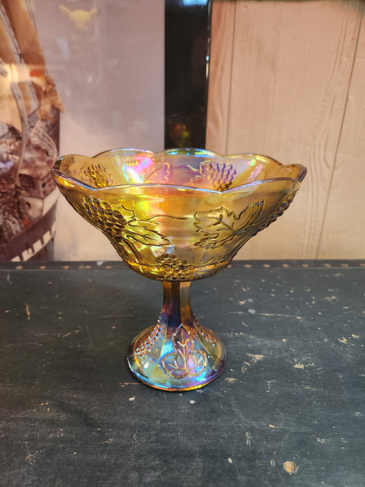 1970's Indiana Harvest Gold (Amber) Carnival Glass Pedestal Bowl