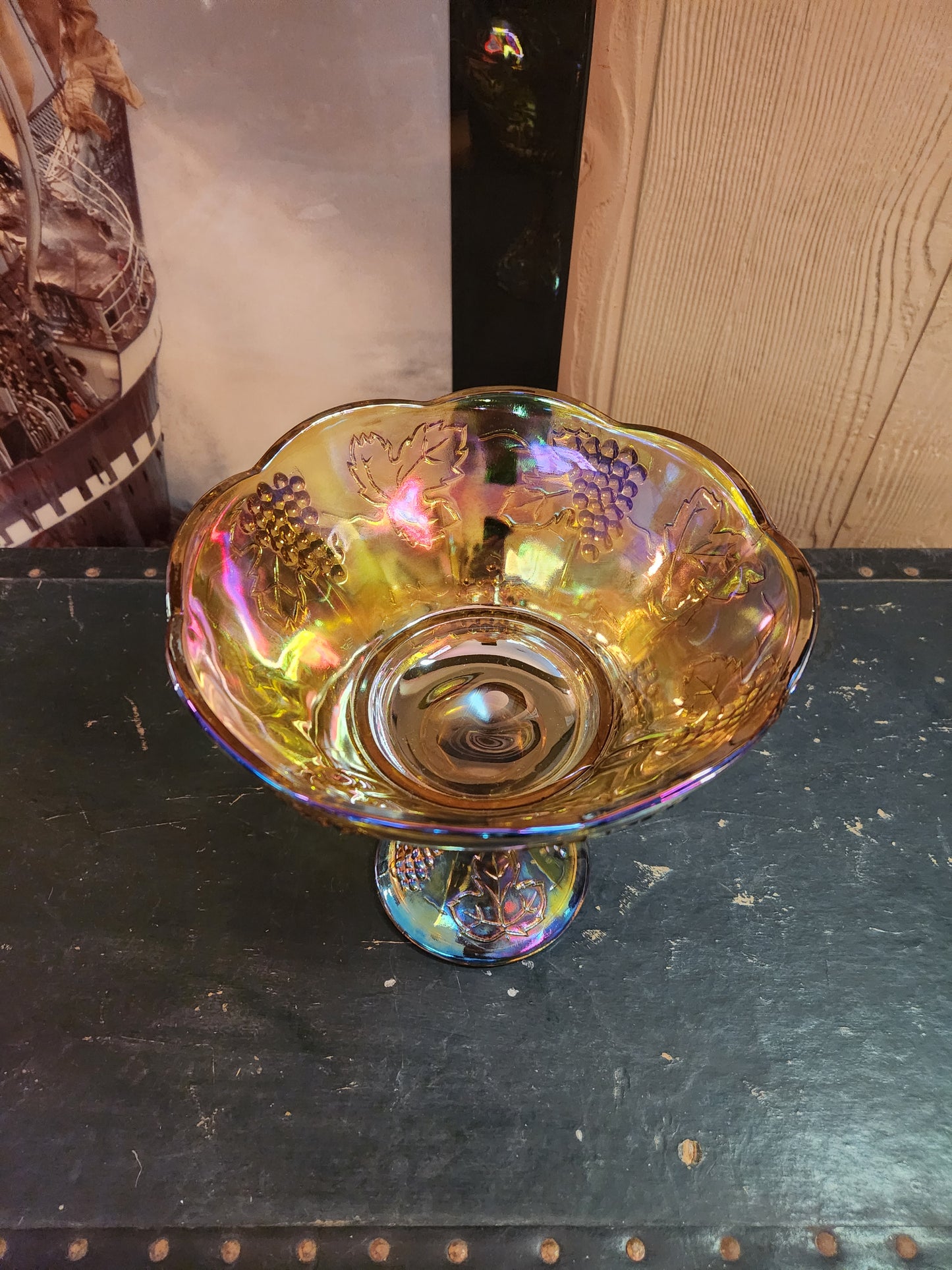 1970's Indiana Harvest Gold (Amber) Carnival Glass Pedestal Bowl