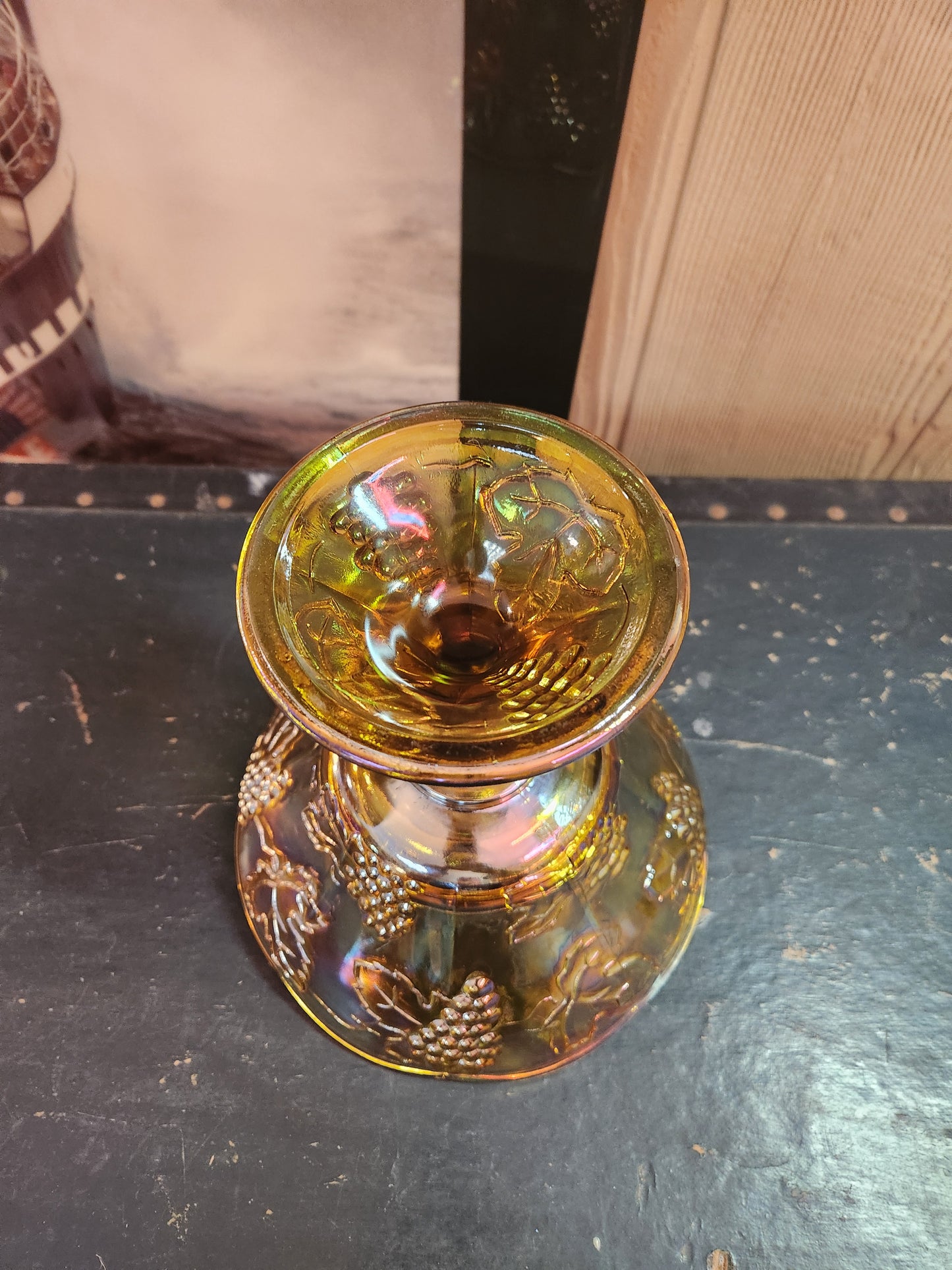 1970's Indiana Harvest Gold (Amber) Carnival Glass Pedestal Bowl