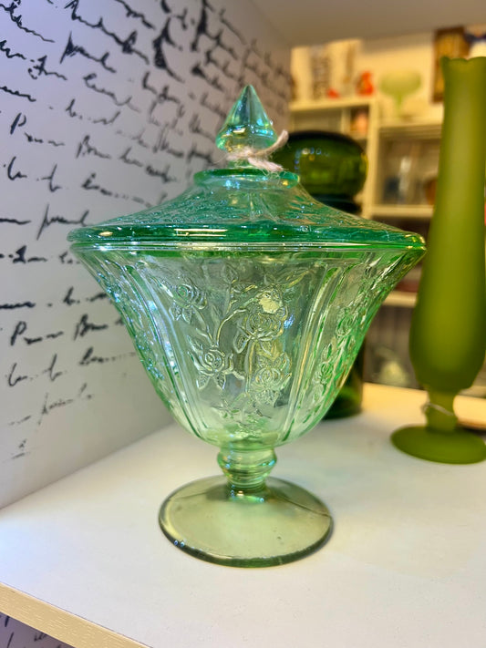 Federal Glass Co. Green Sharon Cabbage Rose Covered Candy Dish | GLOWS