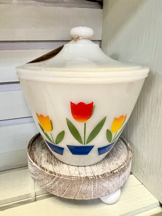 Vintage 1950's Fire King Milk Glass Tulip Grease Jar w/ Lid