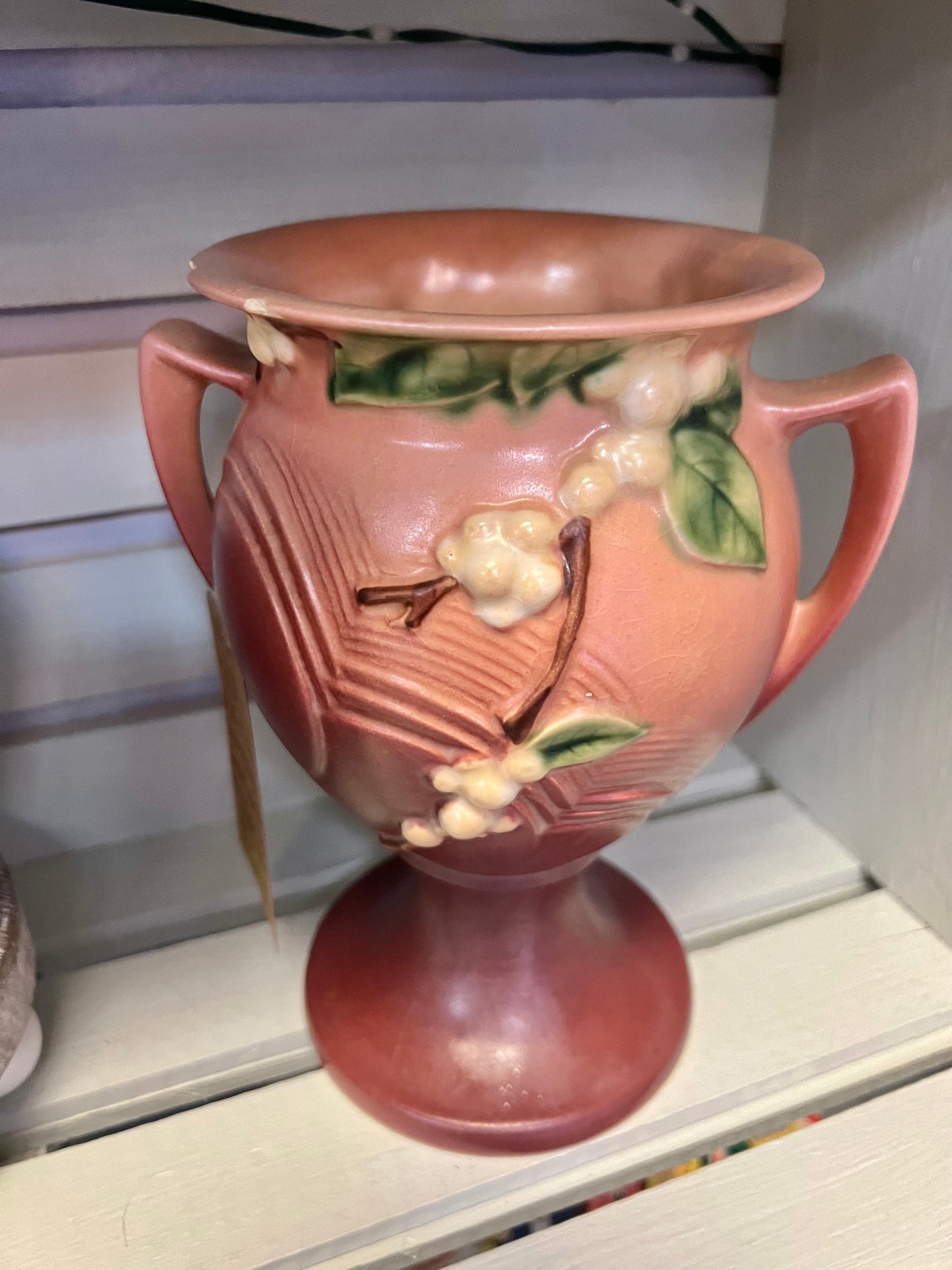 Vintage 1947 Roseville Pottery | Snowberry Pink Handled Vase