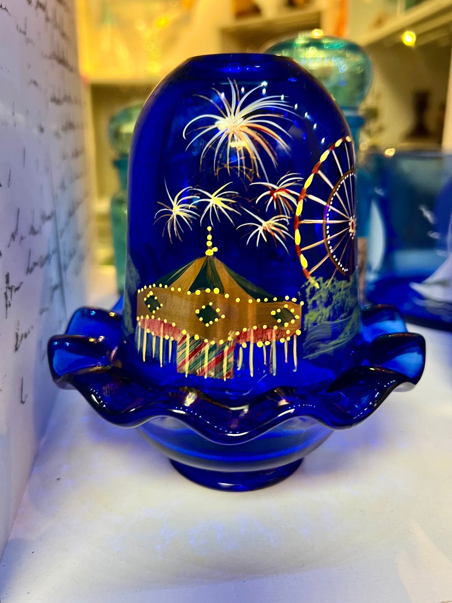 Fenton American Gallery Cobalt Blue Fairy Lamp with a Ferris Wheel