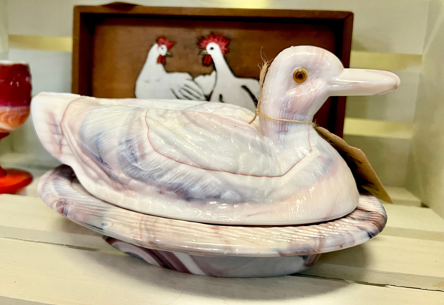 1930's Tiffin Glass Co. Amethyst Slag Glass Duck on a Nest