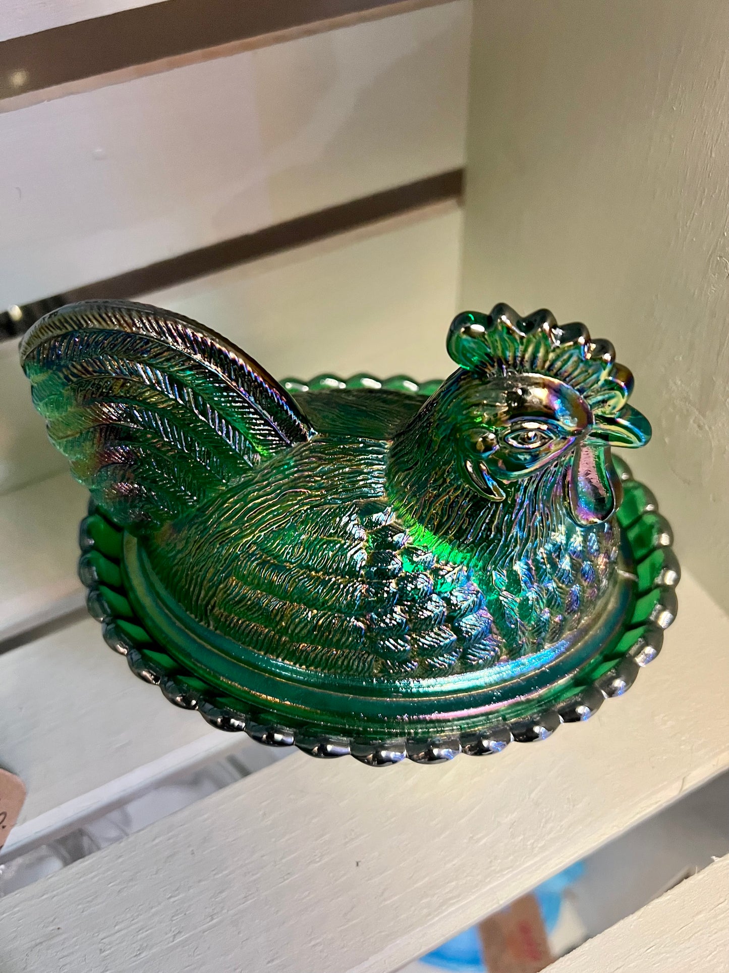 Rooster on Nest | Carnival Glass Depression Style