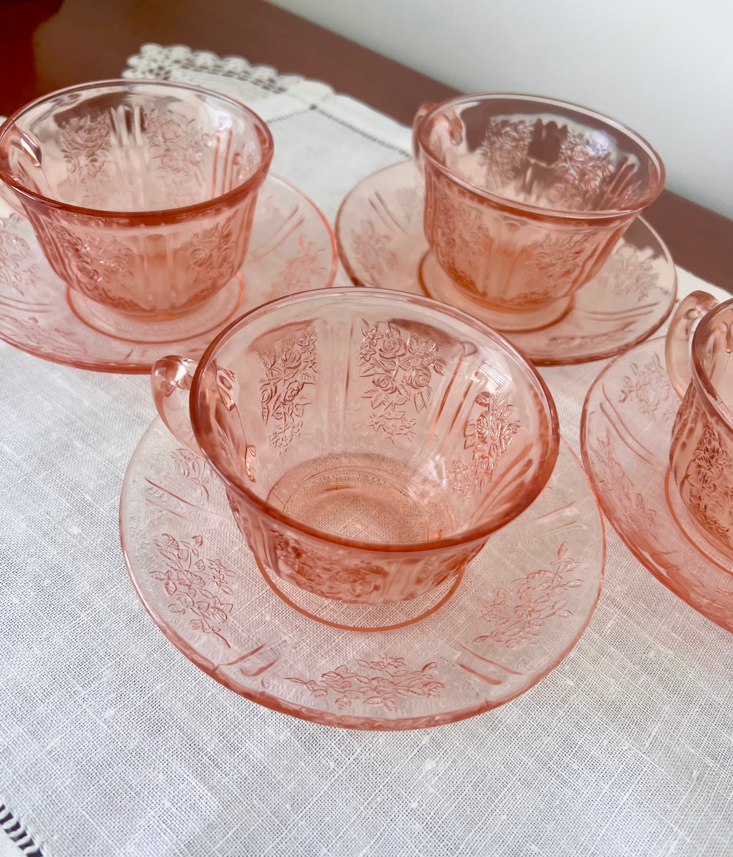 Federal Glass Co. Sharon Cabbage Rose Pink Tea Cups & Saucer Bowl Pairings