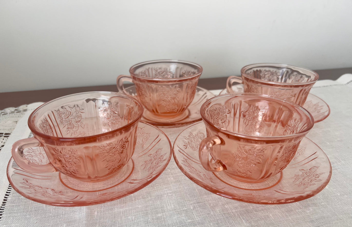 Federal Glass Co. Sharon Cabbage Rose Pink Tea Cups & Saucer Bowl Pairings