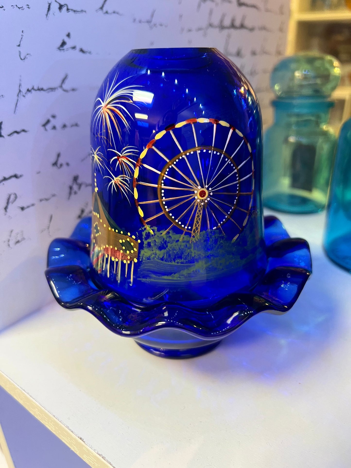 Fenton American Gallery Cobalt Blue Fairy Lamp with a Ferris Wheel