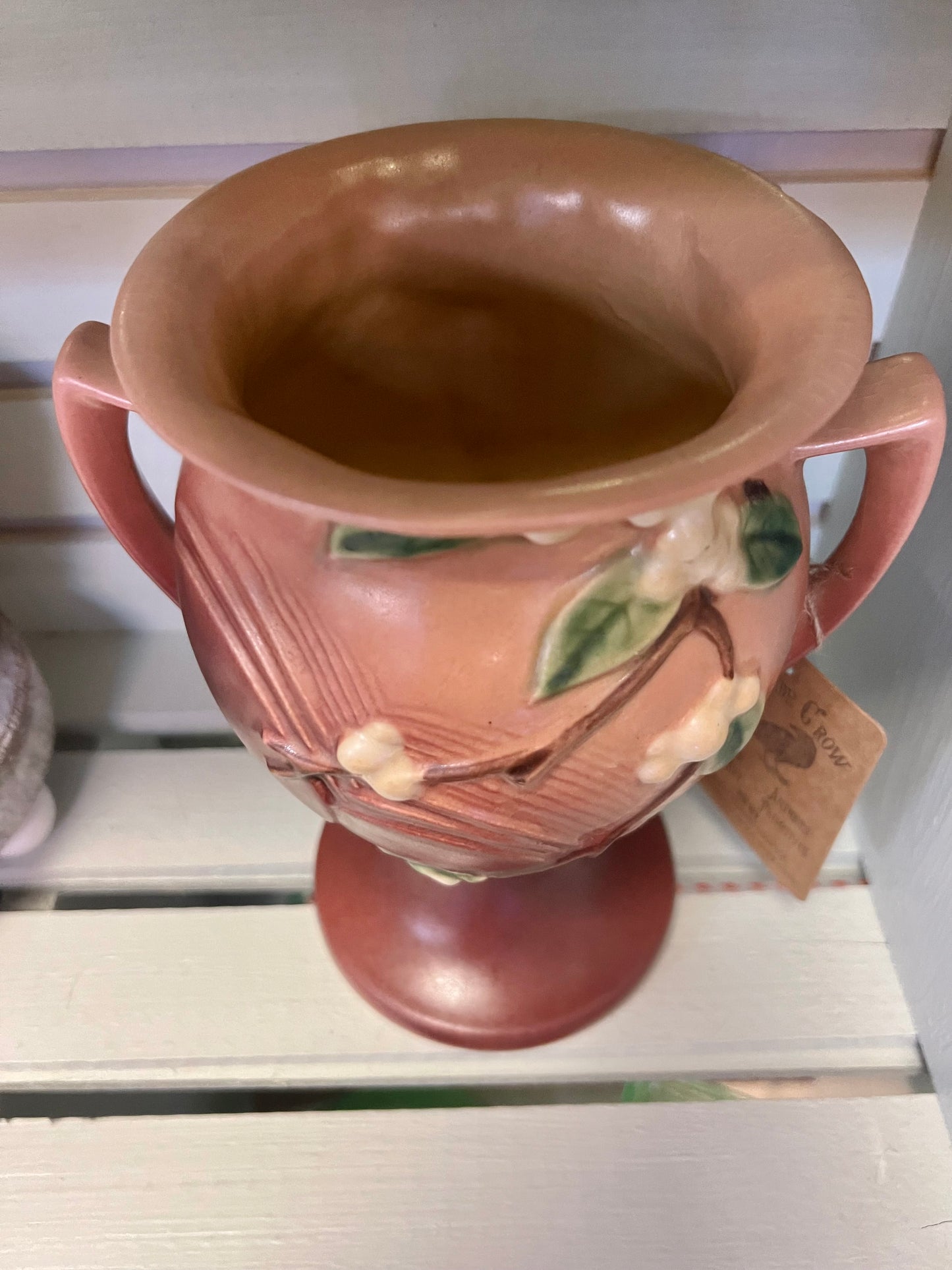 Vintage 1947 Roseville Pottery | Snowberry Pink Handled Vase