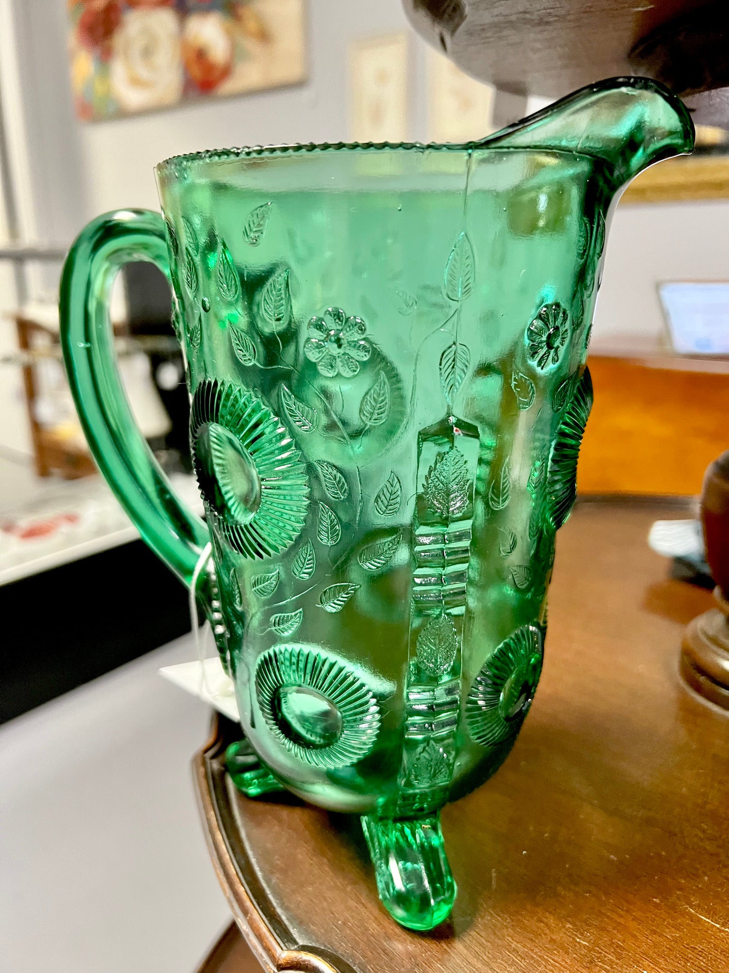 Vintage Greentown, EAPG | Emerald Ruffled Eye Pitcher