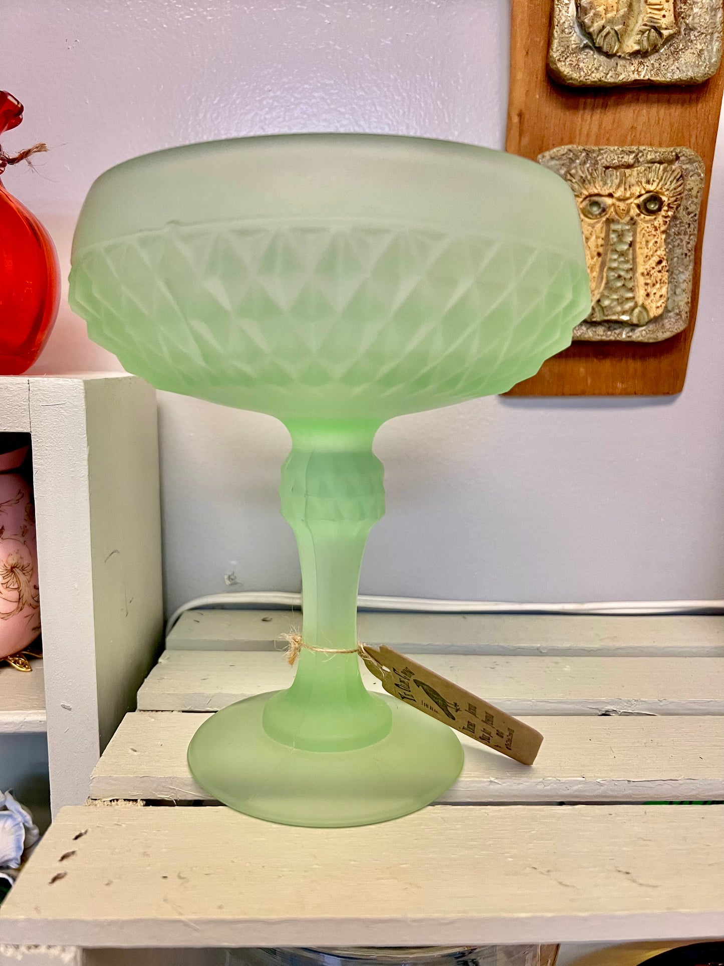 Vintage Indiana Glass Co. Frosted / Satin Diamond Point Stemmed Compote