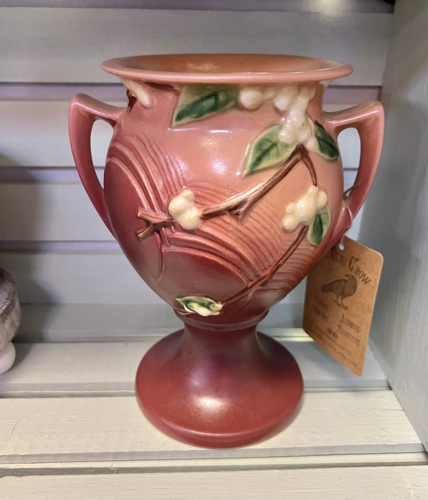 Vintage 1947 Roseville Pottery | Snowberry Pink Handled Vase