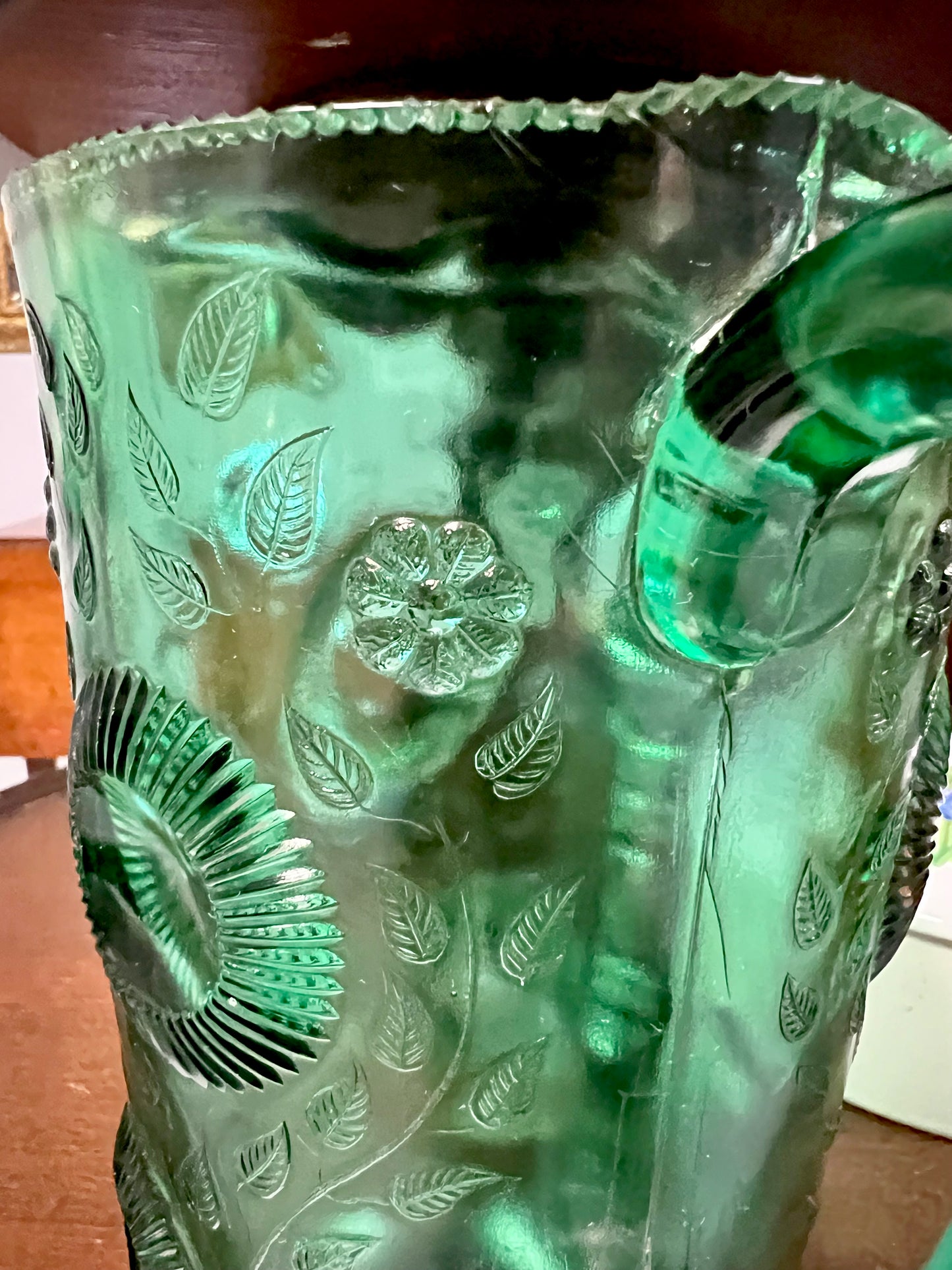 Vintage Greentown, EAPG | Emerald Ruffled Eye Pitcher