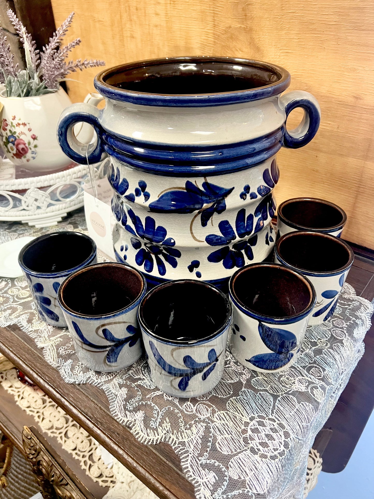 Vintage W. Germany Blue Stoneware Salt Glazed Bev./Wine Bucket & Mug Set