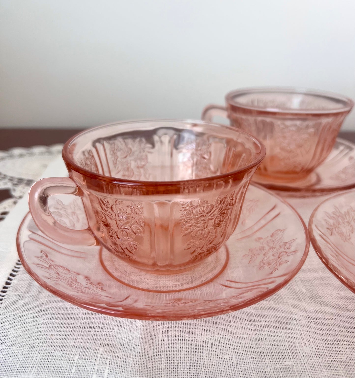 Federal Glass Co. Sharon Cabbage Rose Pink Tea Cups & Saucer Bowl Pairings