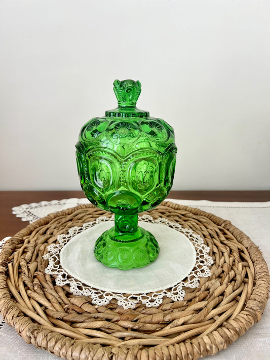 L.E. Smith Moon & Star, Green Lidded Compote | Candy Jar