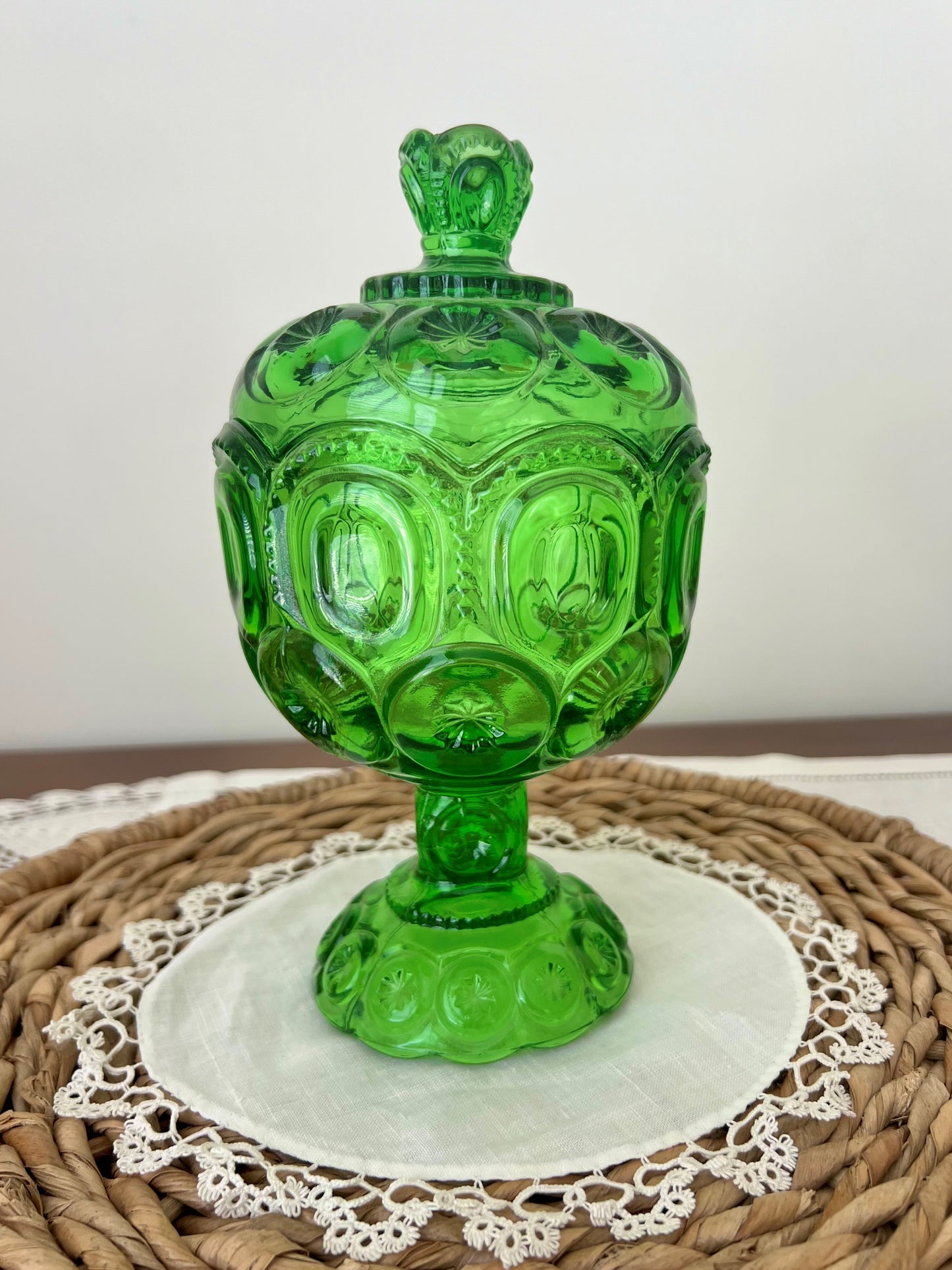 L.E. Smith Moon & Star, Green Lidded Compote | Candy Jar