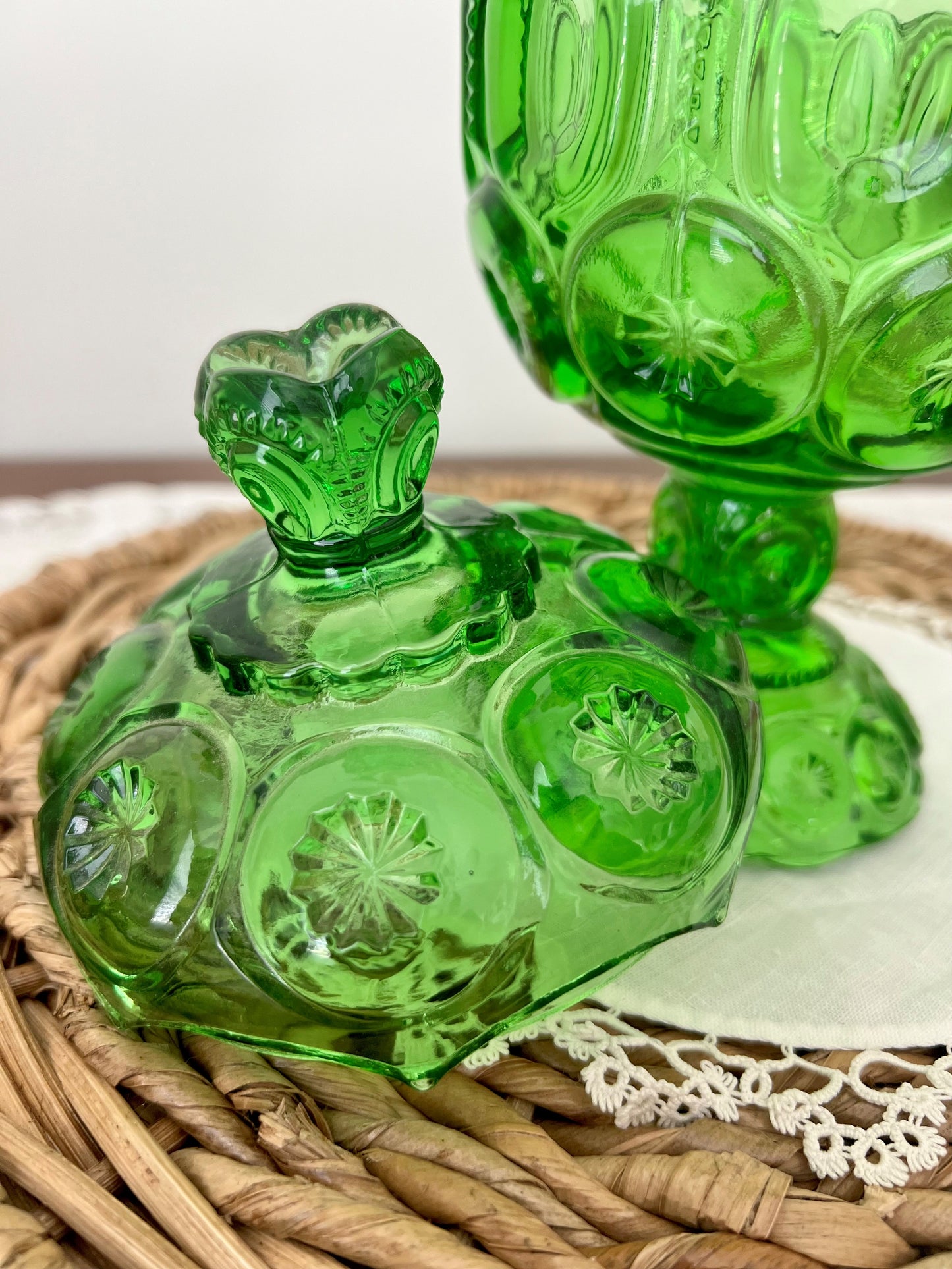 L.E. Smith Moon & Star, Green Lidded Compote | Candy Jar