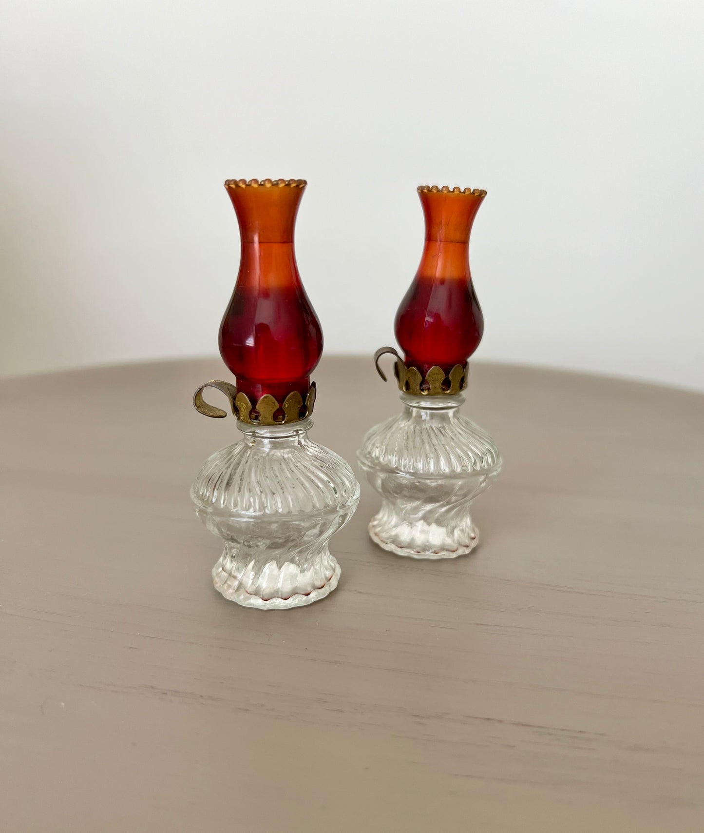 Pair of Crystal Red Miniature Oil Lamp Perfume Bottles