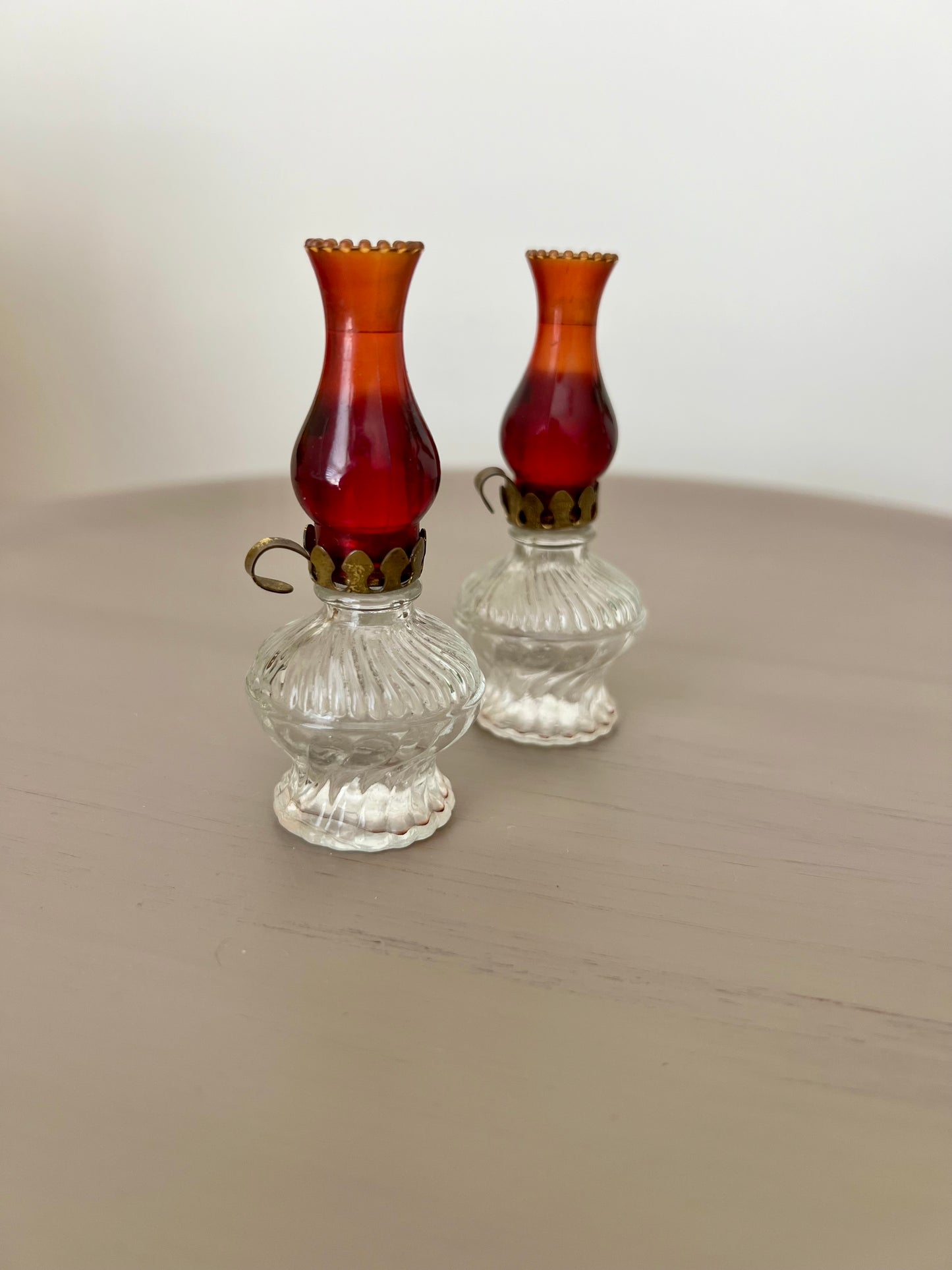 Pair of Crystal Red Miniature Oil Lamp Perfume Bottles