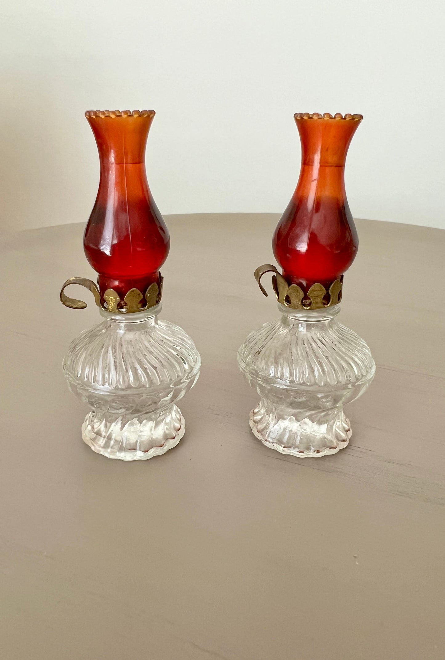 Pair of Crystal Red Miniature Oil Lamp Perfume Bottles