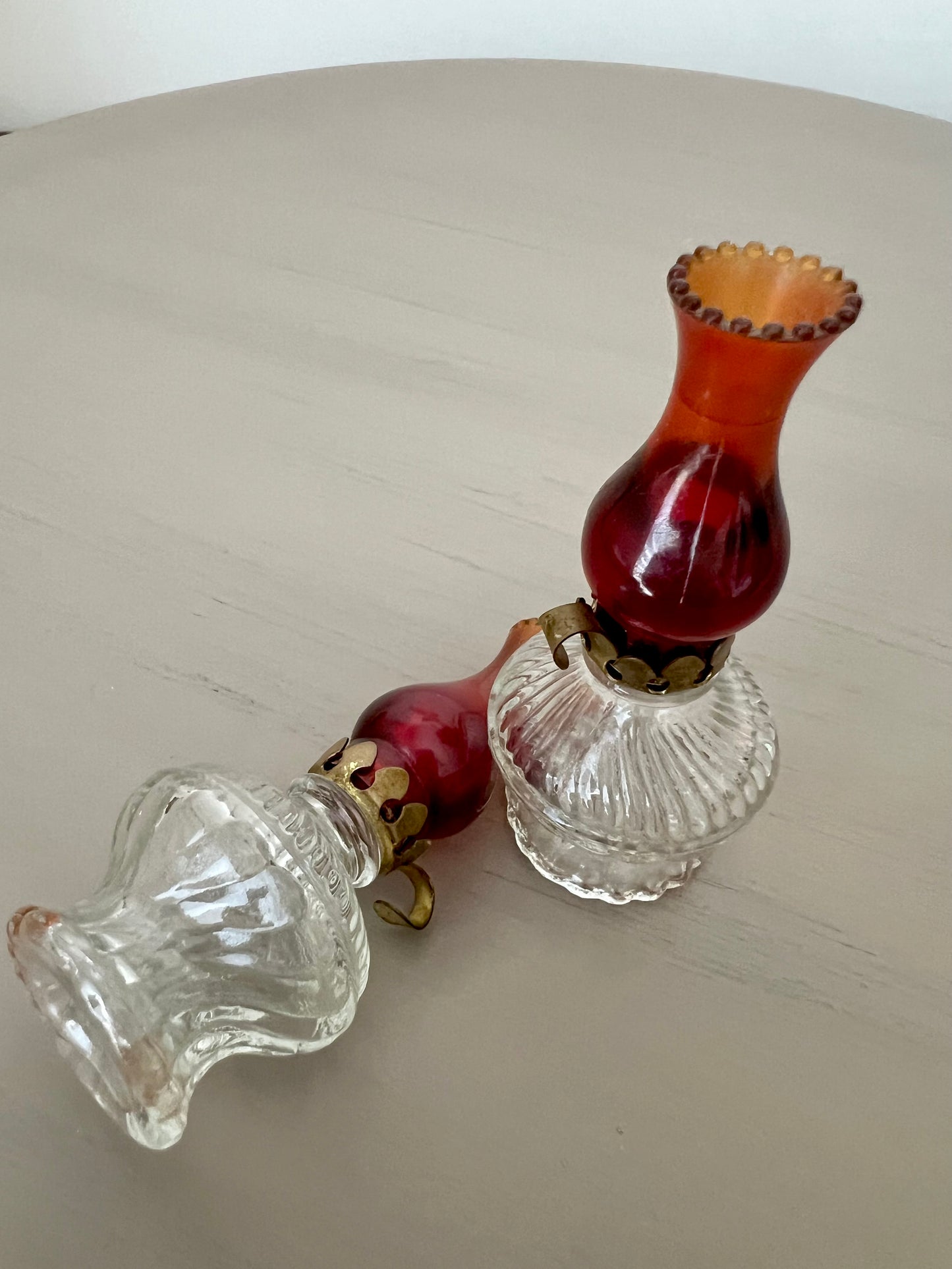 Pair of Crystal Red Miniature Oil Lamp Perfume Bottles