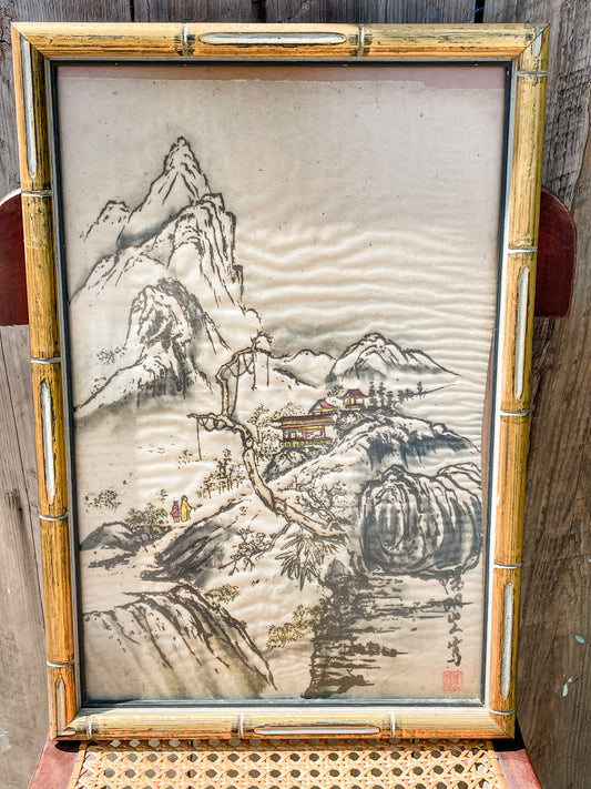 Set of 4 Vintage Chinese Watercolors on Silk - Framed in Bamboo