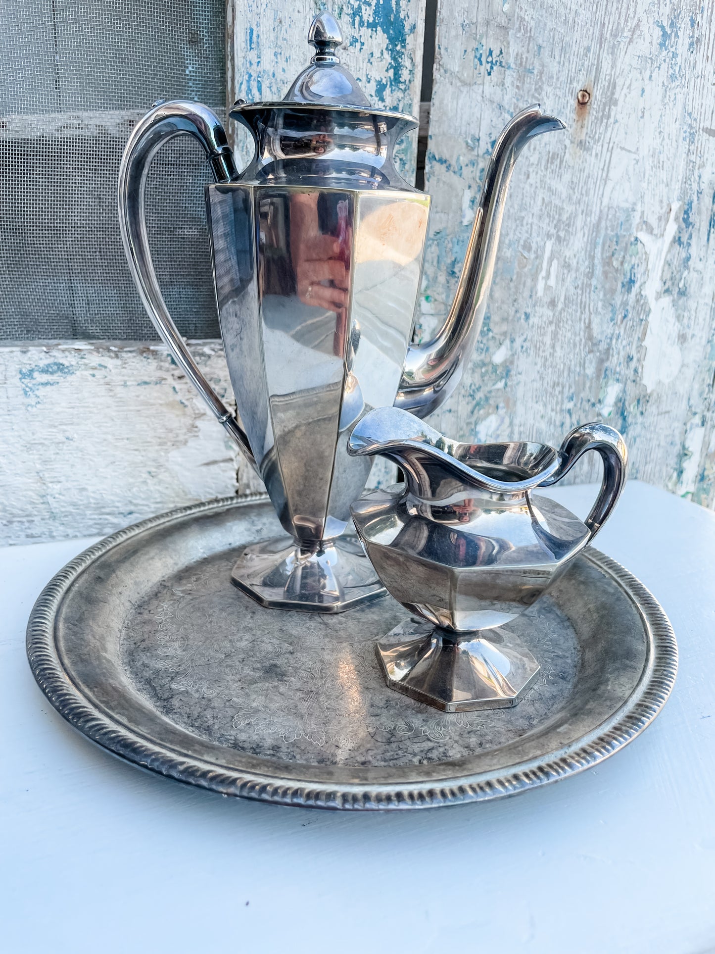 Vintage WM Mounts Silver Teapot & Creamer on Tray - Teatime Elegance ✨