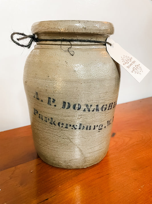 Antique A.P. Donaghho Parkersburg WV Salt Glazed Stoneware Jar - A Piece of Pottery History