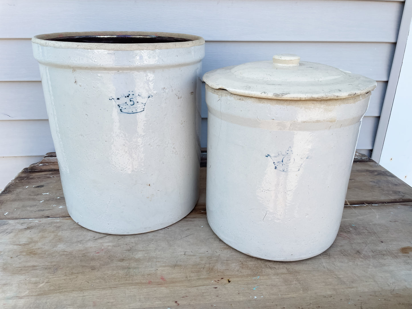 Vintage Robinson Ransbottom Blue Crown Nesting Crocks - 5 Gallon & 3 Gallon