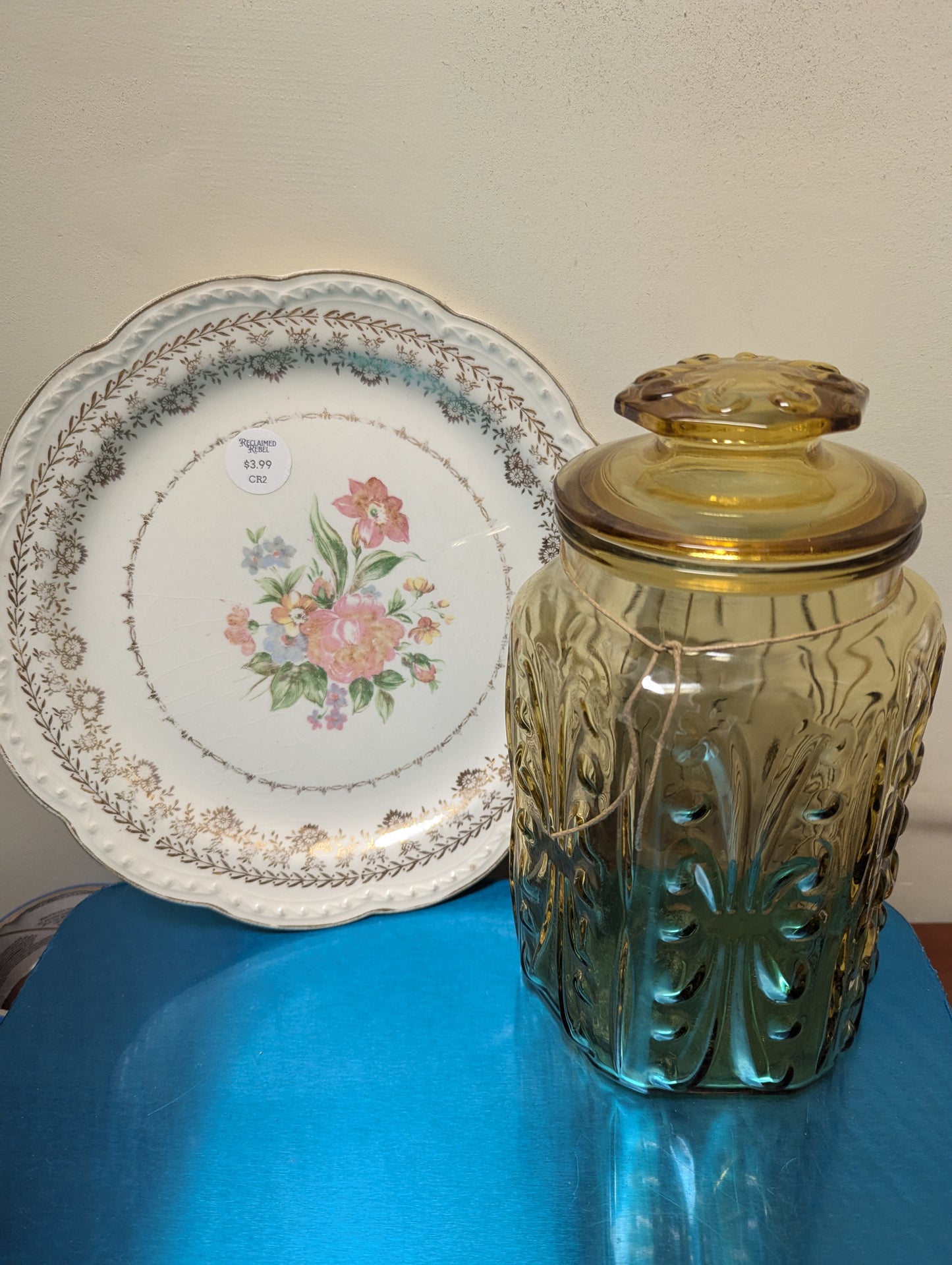 Floral Plate and Amber Jar